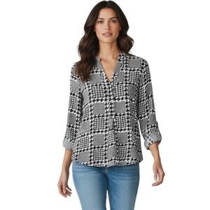 The Limited Women's Herringbone Blouse S Black & White Plaid Roll Tab Sleeve